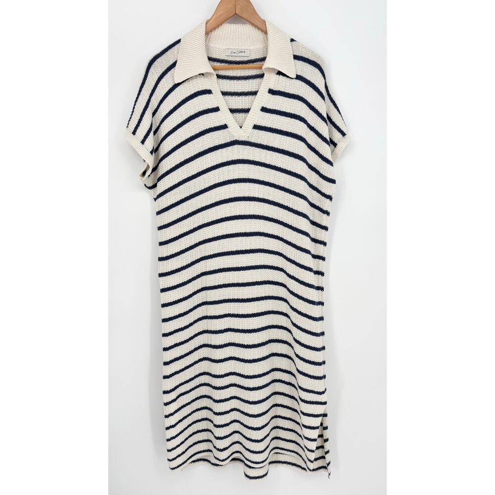 Easy Clothes 100% Cotton Cream Navy Striped Knit Maxi Dress Size OS - Picture 5 of 9